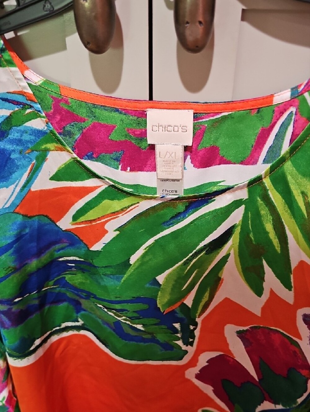 Chico's Orange Tropical Leaf & Floral Print Kraftan Poncho - Picture 3 of 5